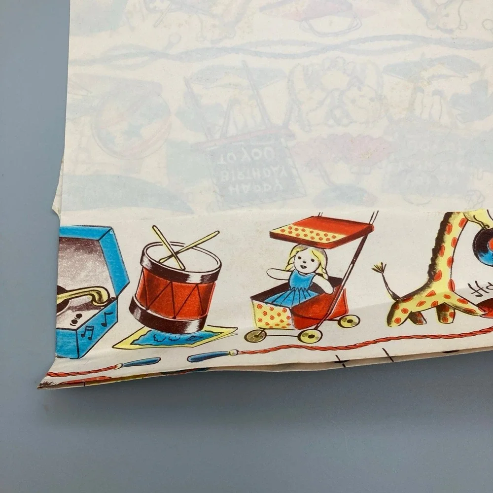 Vintage Child's Birthday Partial Sheet of Paper Gift Wrap Doll Soldier Balloons